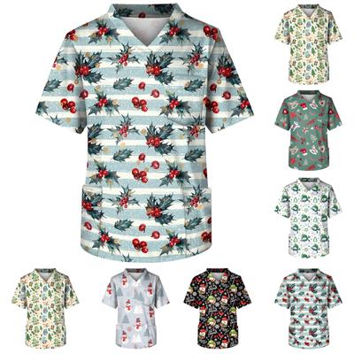 Men's Short  Sleeve V Neck Christmas Print Chest Pocket Carer Top