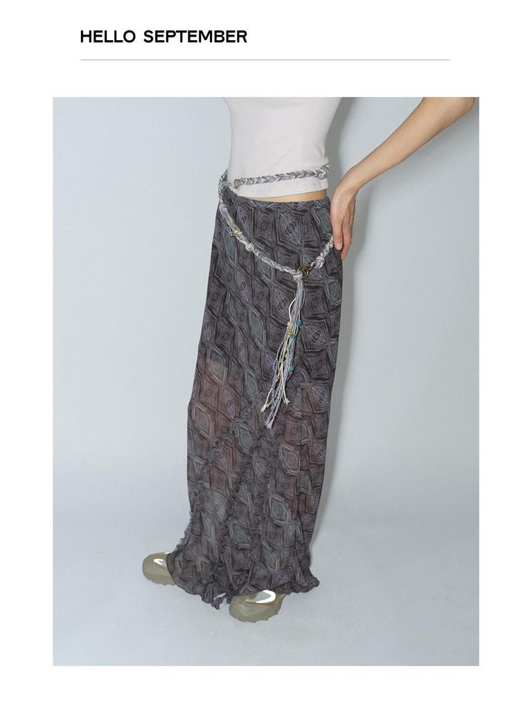 [Shishi] Women's Geometric Print Bias-Cut Long Dress with Ruffle Trim V8039