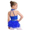 Trblietavý tanečný kostým s perami a strapcami pre deti, dievčatá: Crop top s halter krkom a prekríženým chrbtom a elastickou sukňou pre javiskové vystúpenie