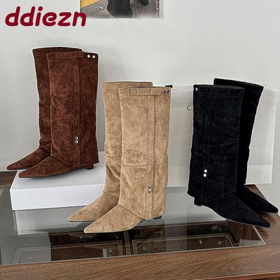 Mode Spitzschuh Damen Kniehoch Moderne Stiefel Mit Keilabsatz Schuhe Mode Flock Damen Lange Stiefel Weibliche Niedrigabsatzschuhe Pumps