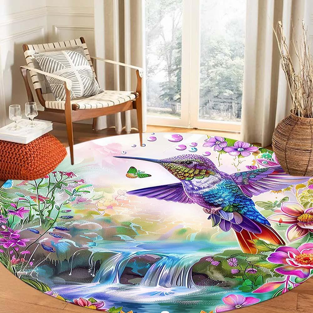 Hummingbird garden rug flannel round mat nature lover decor living room bedroom floral waterfall bird butterfly art