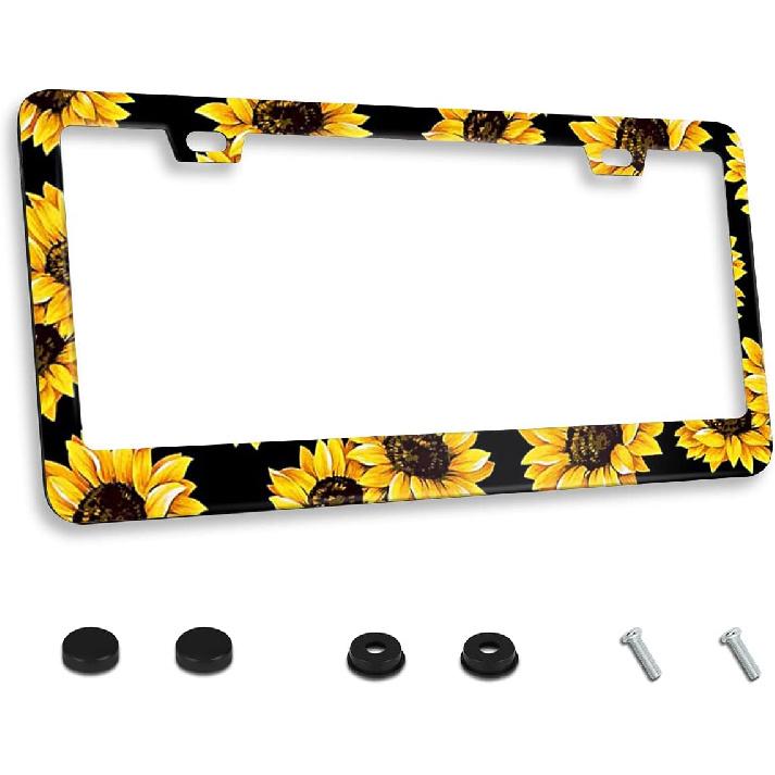 Sunflower License Plate Frame Stainless Steels Yellow Sunflowers Car Tag Holder Frames With 2 Holes And Screws 12 X 6 Inch Decoration For US Vehicles