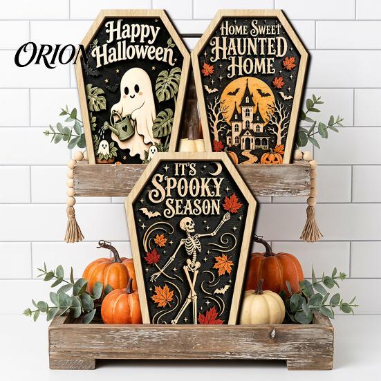 Entrance Door Hanging Signs Vintage Halloween Wooden Decor, Coffin-Shaped Tabletop Ornaments, Freestanding & Decorations for Home Ornament Mantel