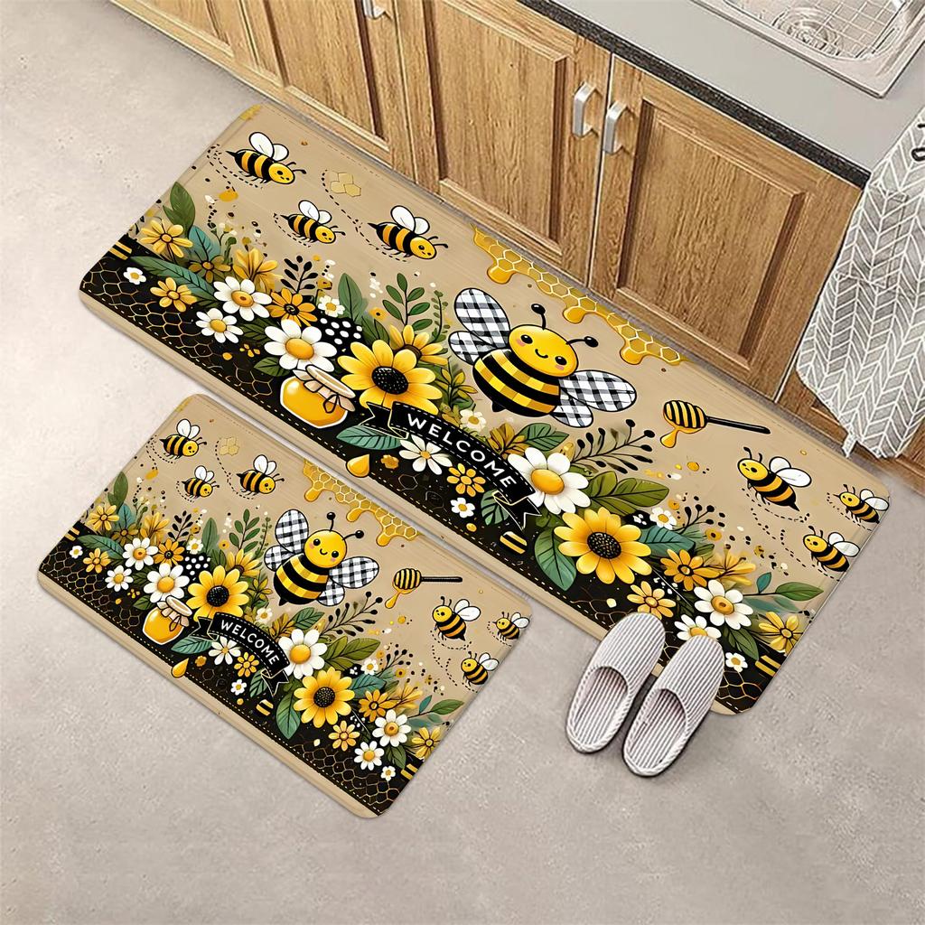 Daisy Sunflower Kitchen Runner Rug, Floral Bee Long Carpet for Restaurant, Non-Slip Floor Mat for Porch and Entrance