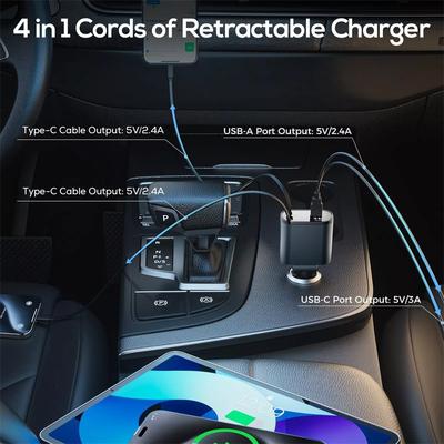 120W 4 In 1 Retractable Car Charger Usb C For Iphone Xiaomi Huawei Samsung Fast Charging Cable Cigarette Lighter Adapter
