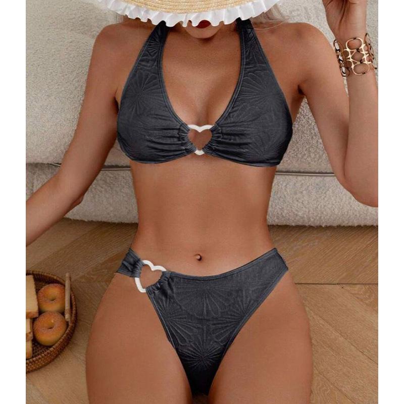 

Купальник из тисненой ткани в форме сердца с подтяжками - бикини в европейском и американском стиле для пляжа или горячего источника. S чёрный