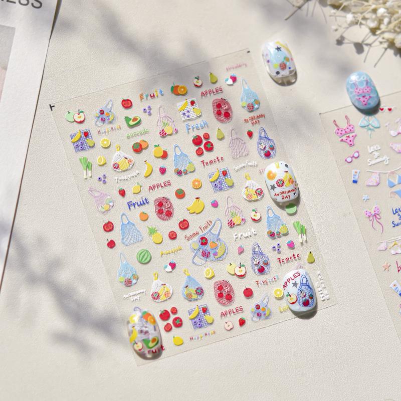 Kawaii Red Jelly Tomato Nail Art Sticker Bowknot Star Cute Summer Fruit 5D Fruit Self Adhesive Nail Art Decals For Summer Diy