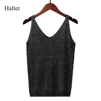 Camiseta de verano para mujer, sexy, con escote en V, ajustada, de punto de seda brillante, sin mangas, moderna y multicolor.