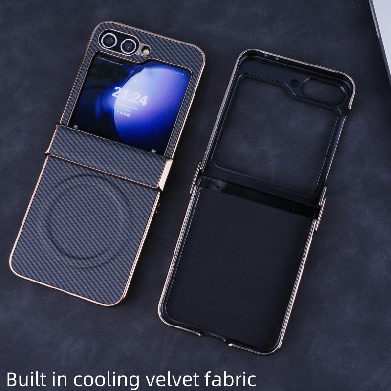 Electroplate Carbon Fiber Phone Case for Samsung Galaxy Z Flip 6 5 4 3 Flip6 Flip5 Flip4 Flip3 Magnetic Hinge Protective Cover