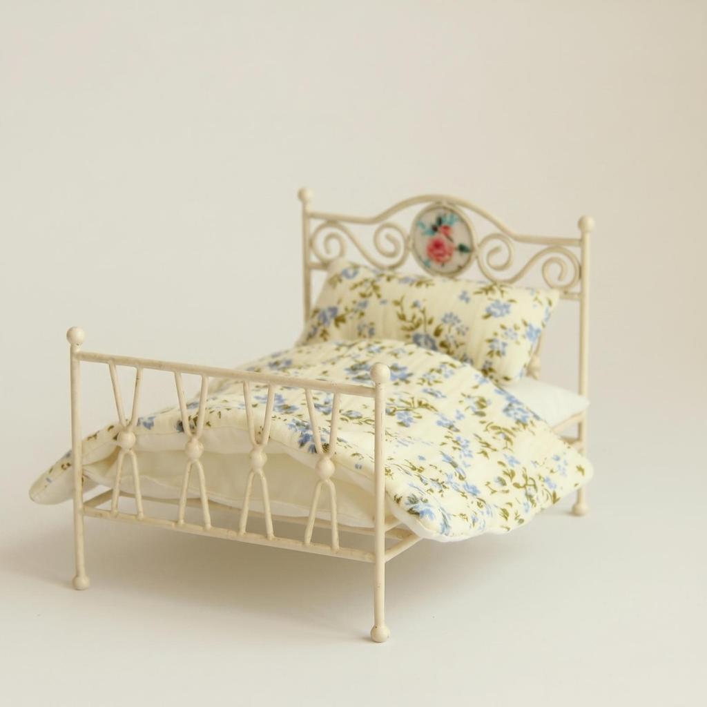 Bed with Bedding Vintage Miniature Metal Ornate Furniture for Collectors,