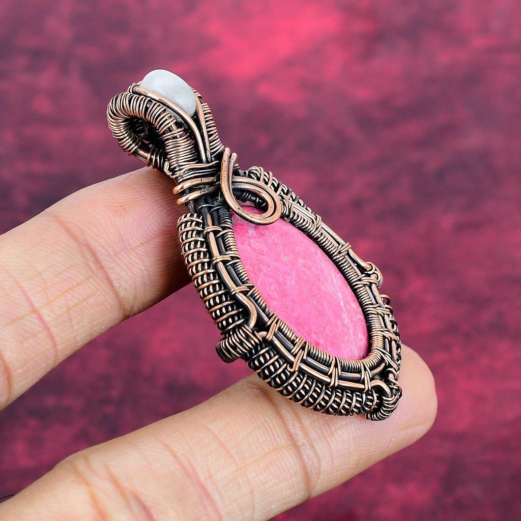Thulite Pendant Rainbow Moonstone Pendant Copper Wire Wrapped Gemstone Jewelry