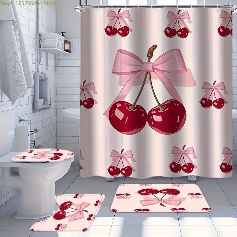 1/4pcs Pink Bow Cherry Style Shower Curtain, Modern Style Home Decor Print, Machine Washable, Fashion Theme, Suitable for All