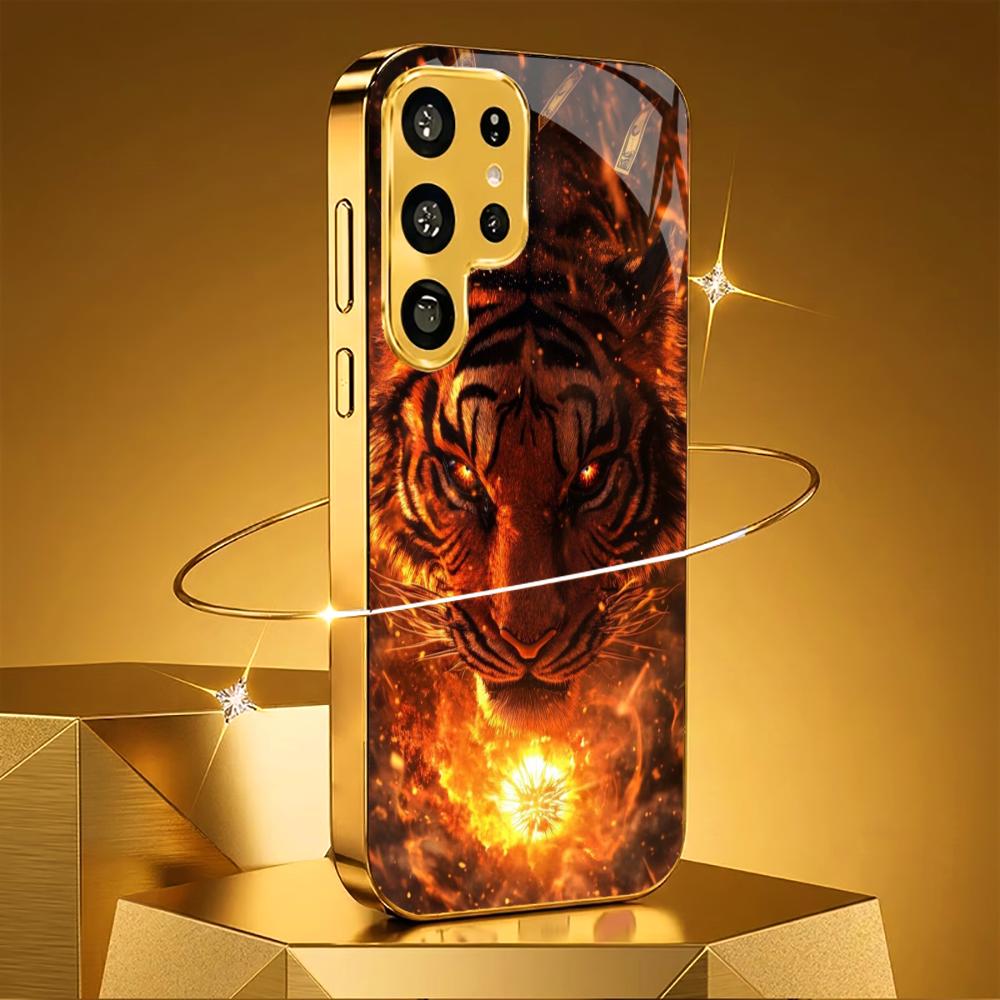 Luxurious The King Tiger PhoneCase Electroplating Glass PhoneCase for Samsung Galaxy S26 S25 S24 S23 S22 S21 FE,Ultra,Plus