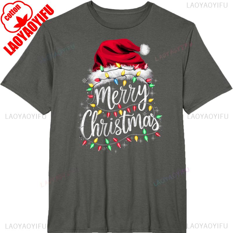 Red Santa Lights Design Christmas Cotton Tshirt for Men and Women Crew Neck Short Sleeve  All Seasons Casual Fashion Soft Ideal