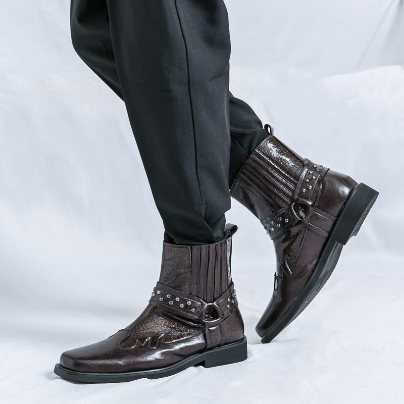Pánské retro westernové kovbojské boty se širokou hlavou žokejské boty Motocyklové boty pouliční styl Cool vysoké boty nadměrná velikost