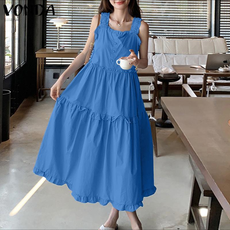 

VONDA Women Strap Dress Casual Square Collar Sleeveless Loose Pleated Maxi Dress 5XL рожевий