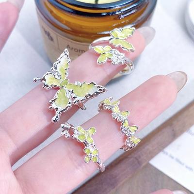 Small Fresh French Yellow Green Gradual Change Enamel Flower Butterfly Ring Niche Light Luxury High Sense Inlaid Zircon Ring Women