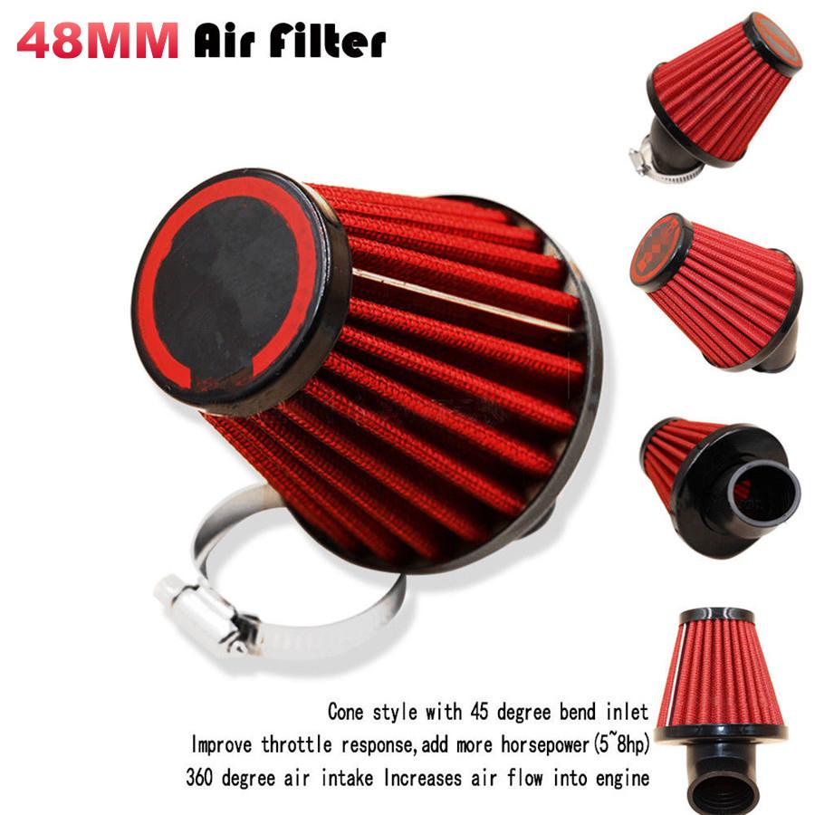 Red 48mm Air Intake Filter Pod 45° Bend Inlet For Motorcycle Scooter Dirt Bike