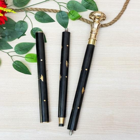 99.06 Cm Brass Flower Handle Walking Stick, Stylish Black Hardwood Foldable Cane, Gift For Father, Grandparents, Christmas Gift, Anniversary Gift