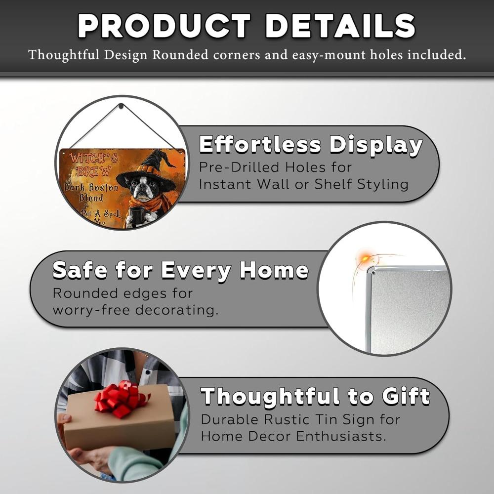 Boston Terrier Witch Brew Coffee Halloween Metal Tin Sign - Funny Rustic Dog Wall Decor for Home Vintage Retro Art