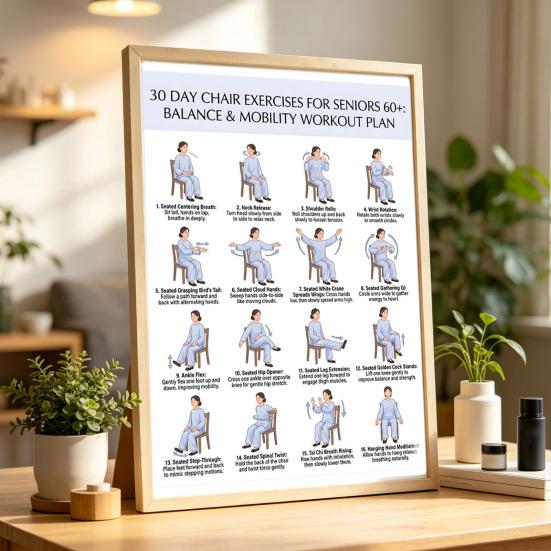 2Pcs Chair Exercise for Seniors 30-Day Plan Poster Seated Tai Chi Workout Chart for Elderly Low Impact Mobility Fitness