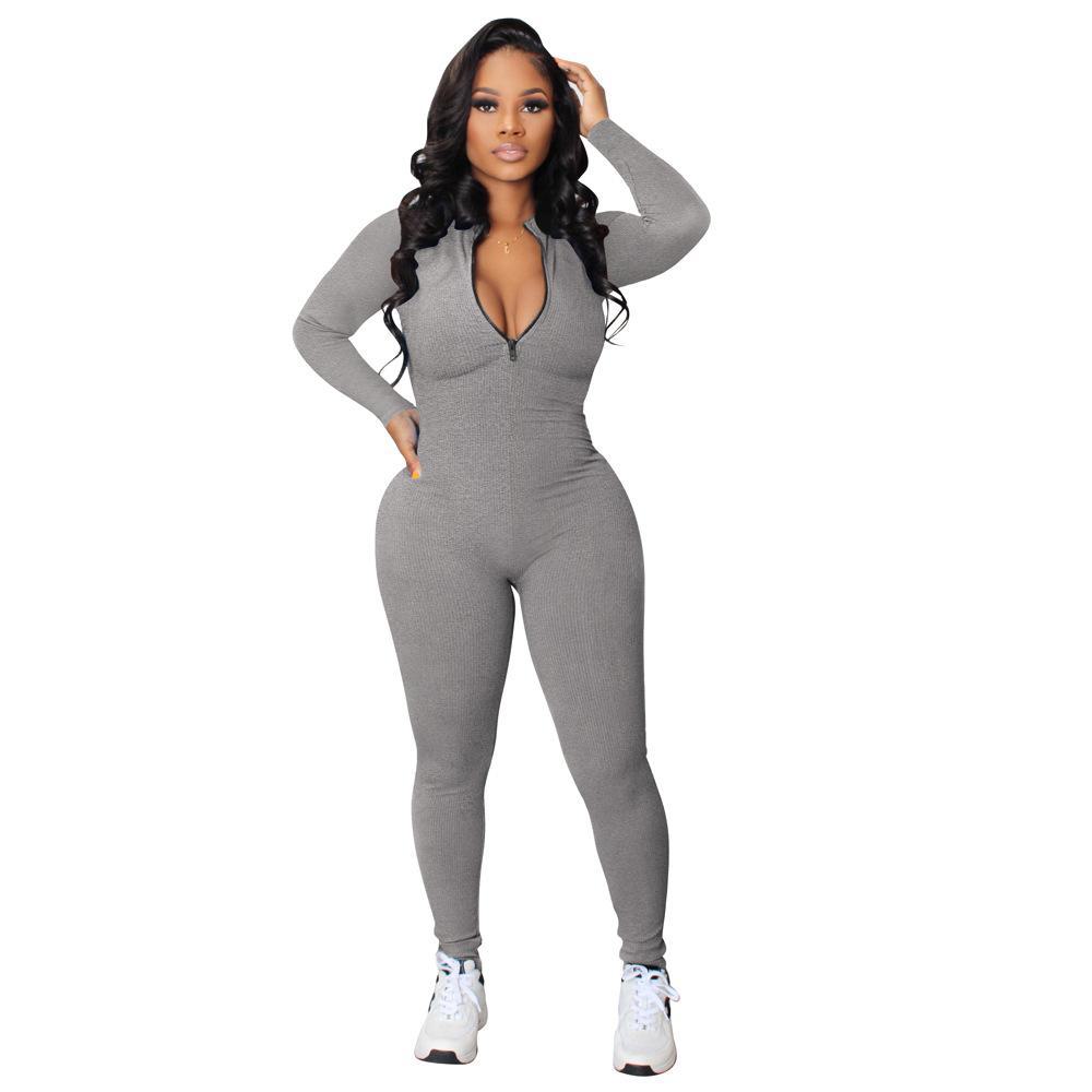 2022 Autumn European and American Pit Stripe Zipper Sports Jumpsuit