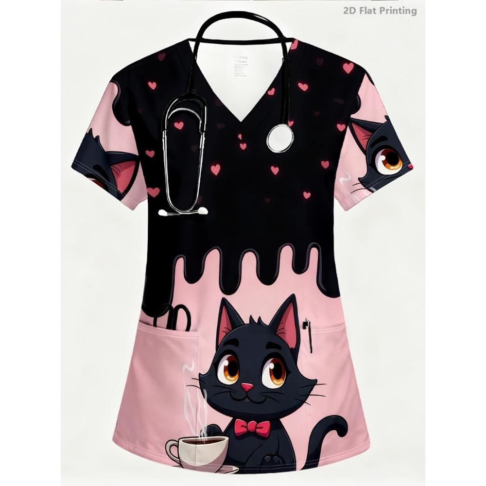 Summer Womens Fashion V-Neck Short Sleeve Uniform Pockets Tops Cute Cat Pattern Print Comfortable Vet Clinical Uniforms Woman