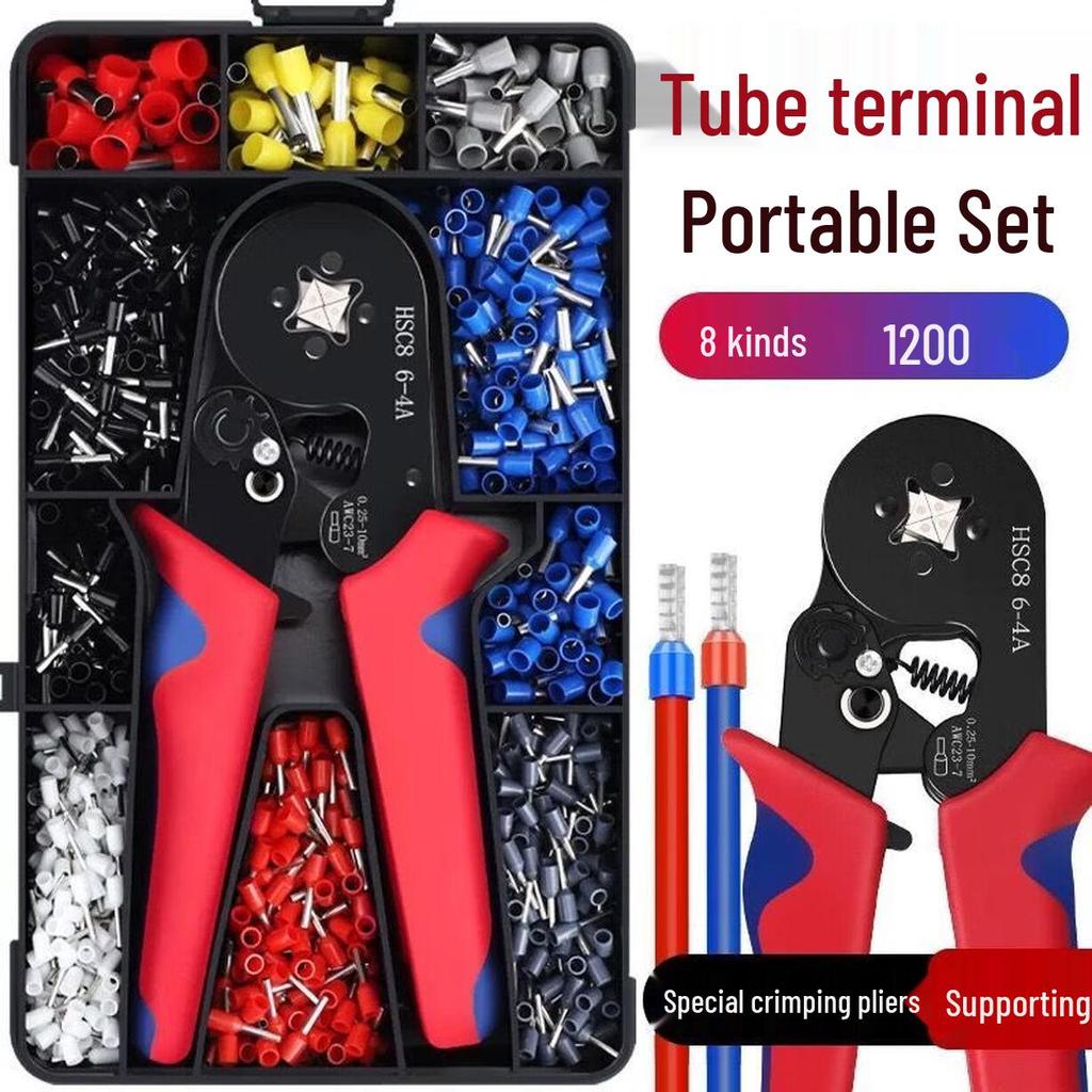 VE Terminal Crimping Pliers Kit: 6-4A Crimp Pliers with 1200PCS Cold Press Wiring Terminals in a Plastic Box.