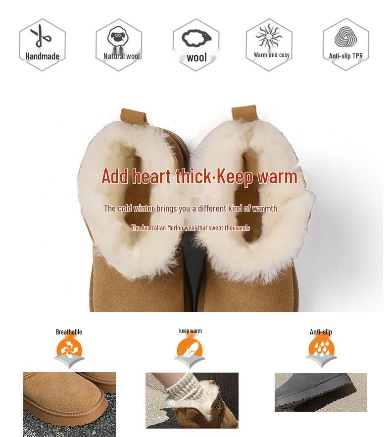 Women's 2025 Fleece-Lined Wool Snow Boots: Thick-Soled, Non-Slip, Wear-Resistant, Genuine Leather for Autumn/Winter.