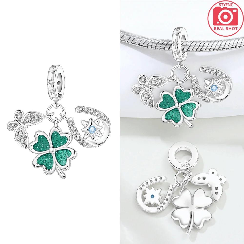 Original Copper Butterfly Clover Pendant Pink Flowers Bead Fit Bracelet Women Jewelry Diy Anniversary Fine Gift
