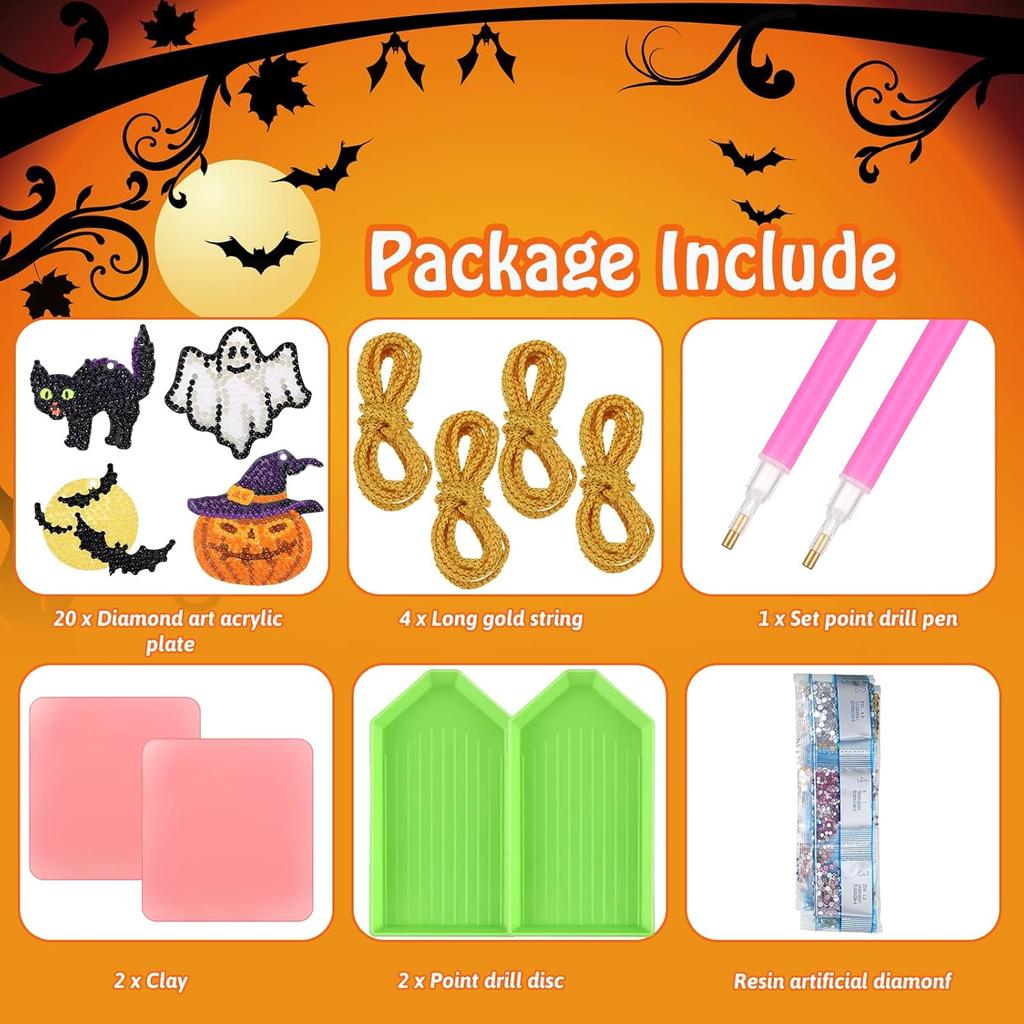 Jetec 20 Stück Halloween Diamond Painting Anhänger 5d DIY Diamond Painting Set Totenkopf Geist Kürbis Fledermaus Anhänger Hängende Ornamente für DIY Basteln Halloween Party