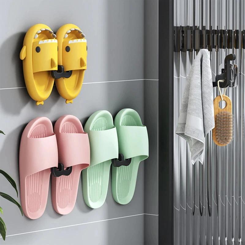2/4pcs Slipper Hooks Bathroom Wall Mounted Punch-Free Slipper Racks Self-Adhesive Storage Rack Organizer Slipper Shoes Storage