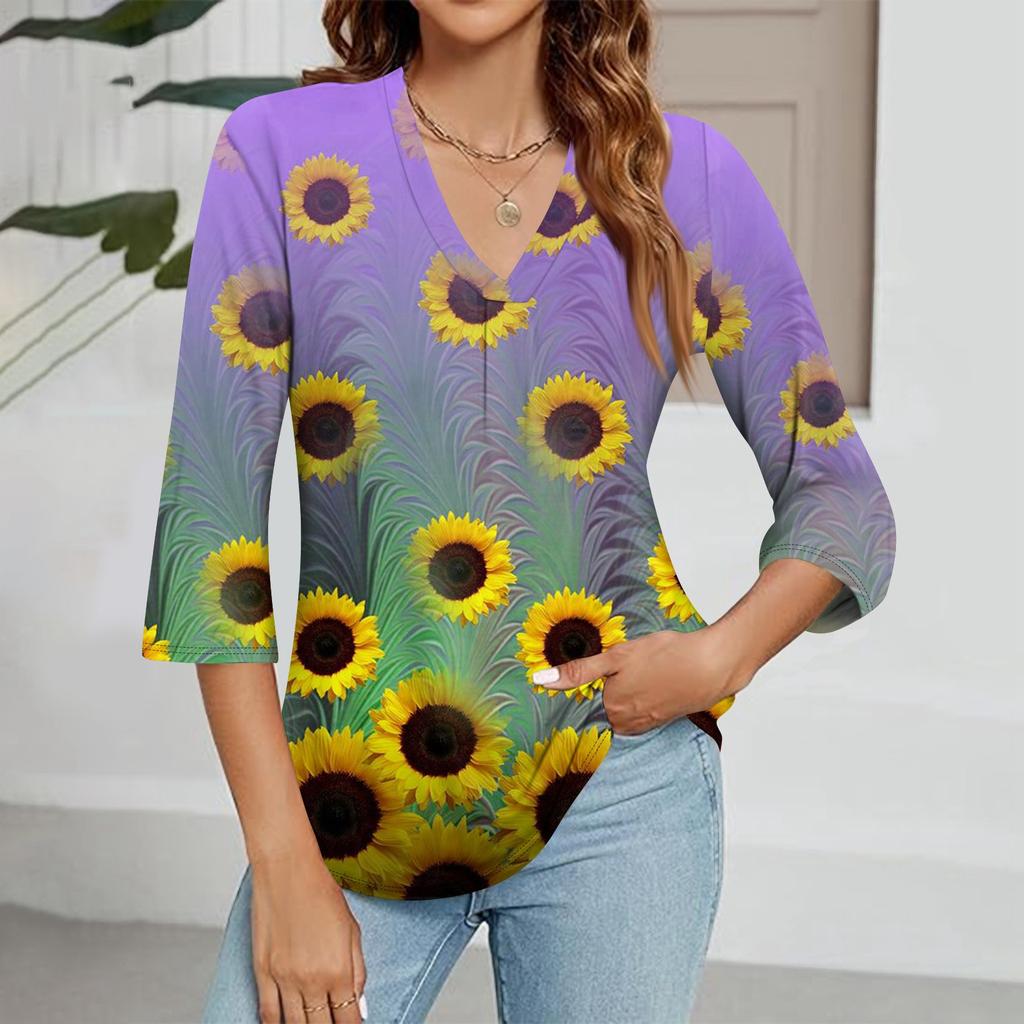 Modisches Oberteil mit V-Ausschnitt, Farbverlauf-Print und Dreiviertelärmeln für Damen