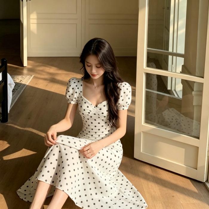 Summer popular wear French super beautiful unique beautiful skirt simple generous decent white polka dot dress