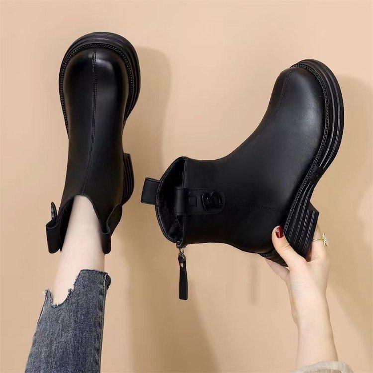 Chelsea Soft Leather Single Boots Women's Autumn 2025 Winter New British Style Velvet Warm Thick-soled Thin Martin Boots Women