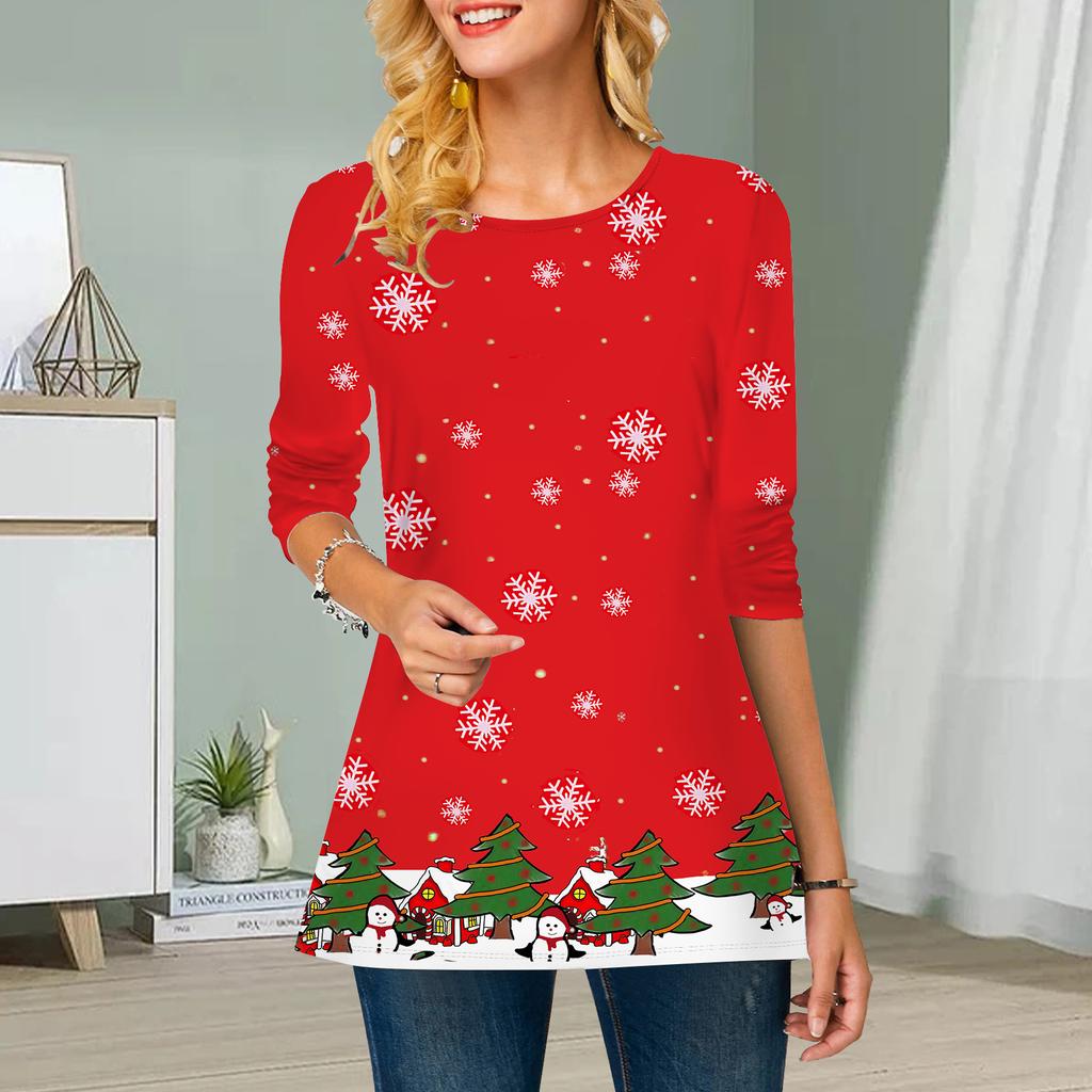 Übergröße Damen Blumen Schneeflockendruck Rundhals Lässiges lockeres Langarmoberteil