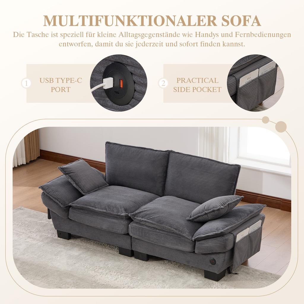 Modular Corduroy Sofa for 2 People with Wide Seat, Ergonomic Design, High-Density Foam Padding, USB-C Port. Ideal for Living Room. Dark Gray