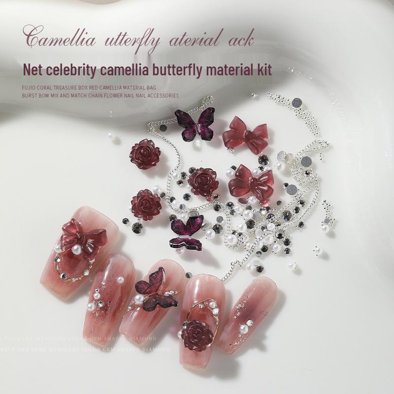 

2023 Trendy Camellia Bow Nail Art Kit with Chain & Steel Ball Decorations