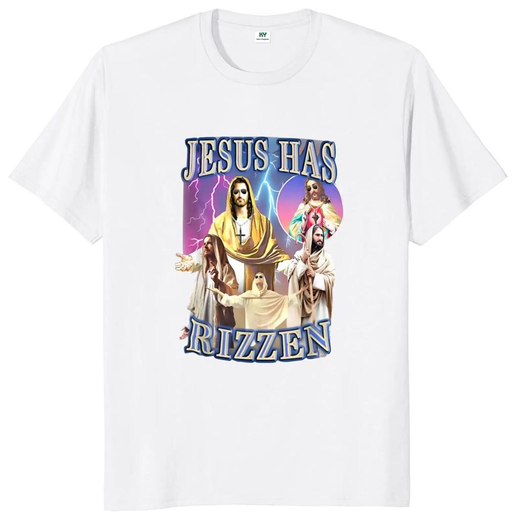 Jesus Has Rizzen WoUnisex T Shirt Retro Christian Religious Harajuku Streetwear 100% Cotton Unisex O-neck Summer T-shirt