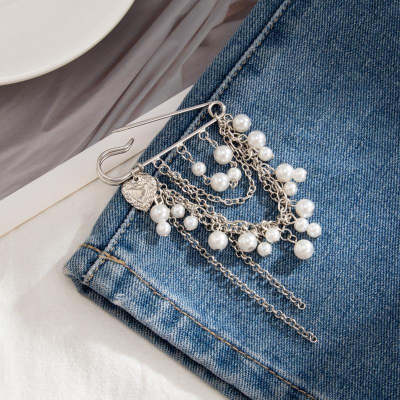 Imitation Pearl Heart Pendant Brooch Detachable Button Clasps Trouser Leg Decor Brooch Tassel Adjustable Jean Fit Tighten Buckle