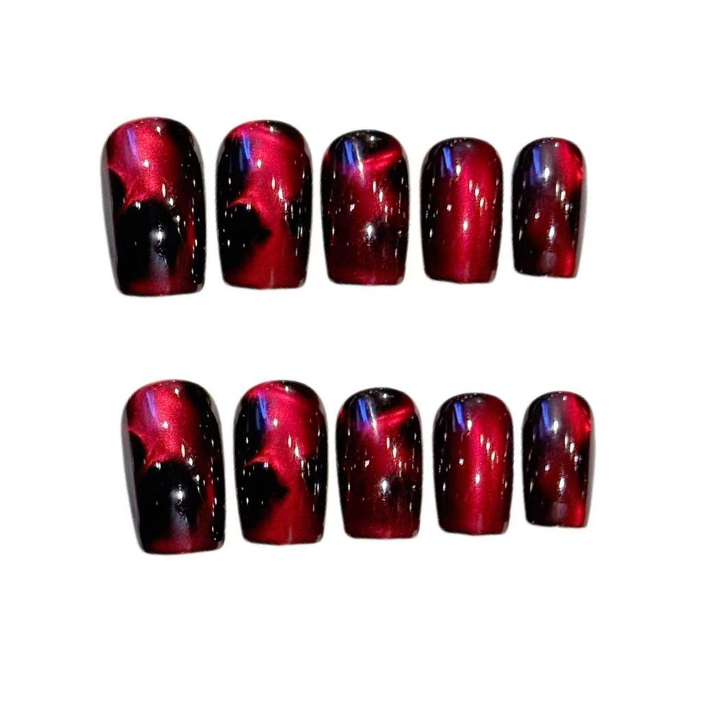 24-Piece Black-Red Irregular Cat Eye Press-On Nails with Sparkling Design
