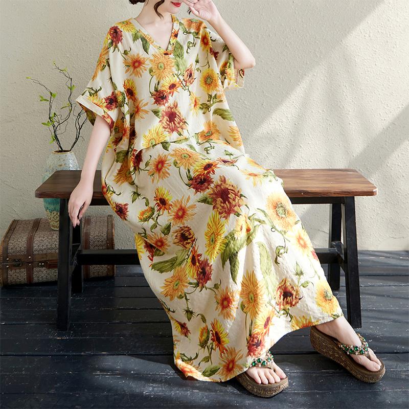 

DIMANAF Plus Size 2025 Summer Dress V-Neck Women Casual Vintage Beach Dress Basic Long Loose Floral Dress Maxi One Size жёлтый