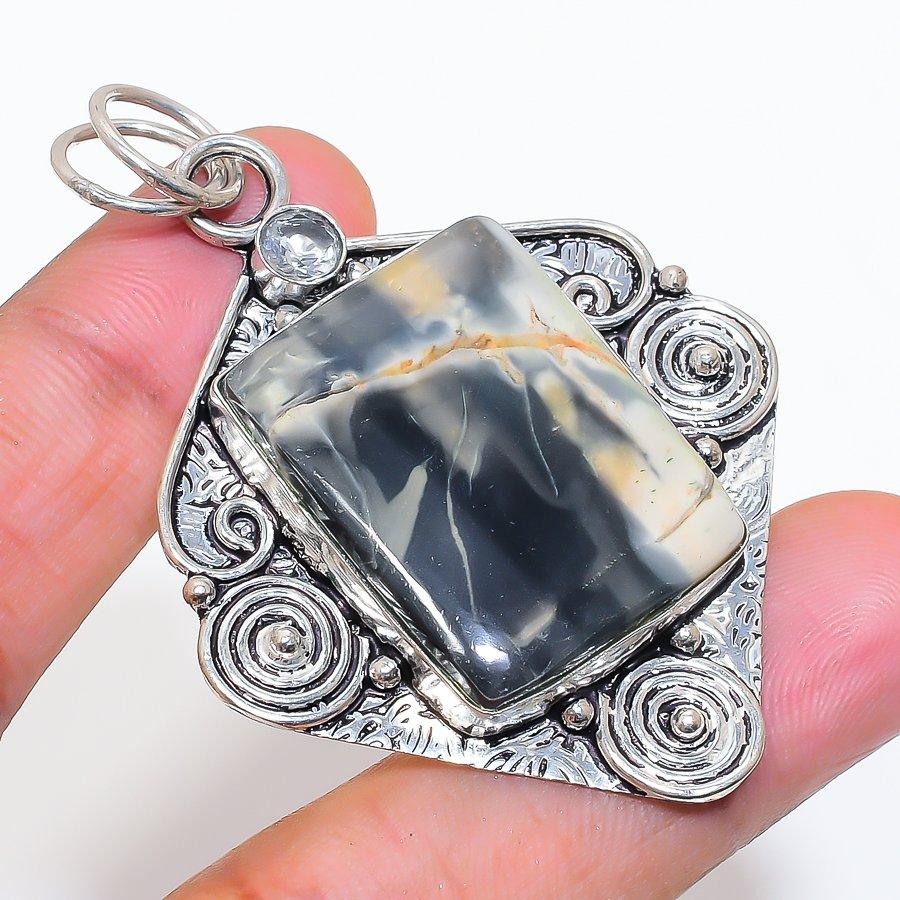 Natural Maligano Jasper, Topaz 925 Sterling Silver Jewelry Pendant 2.48" ZS-65
