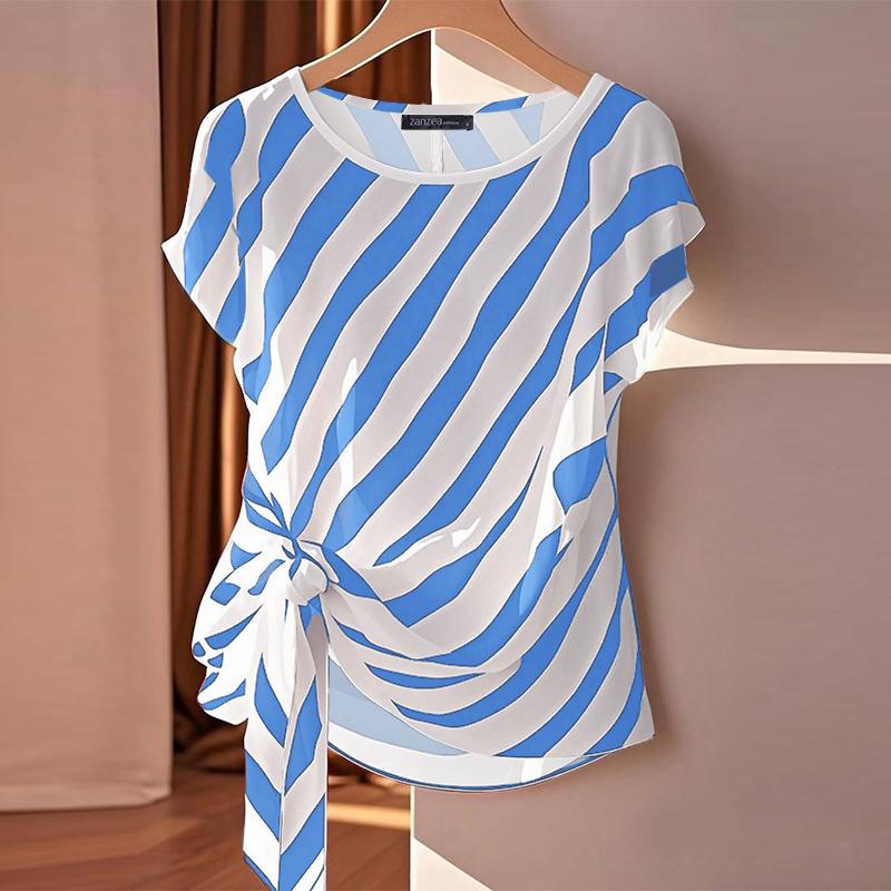ZANZEA Women Casual O-neck Stripe Print Loose Short Sleeve Blouse