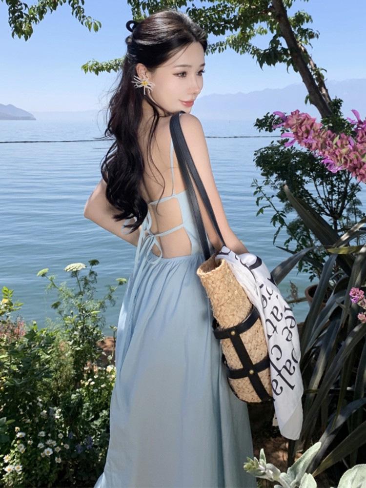 Elegant French-Style Sexy Backless Blue Spaghetti Strap A-line Beach Dress for Women