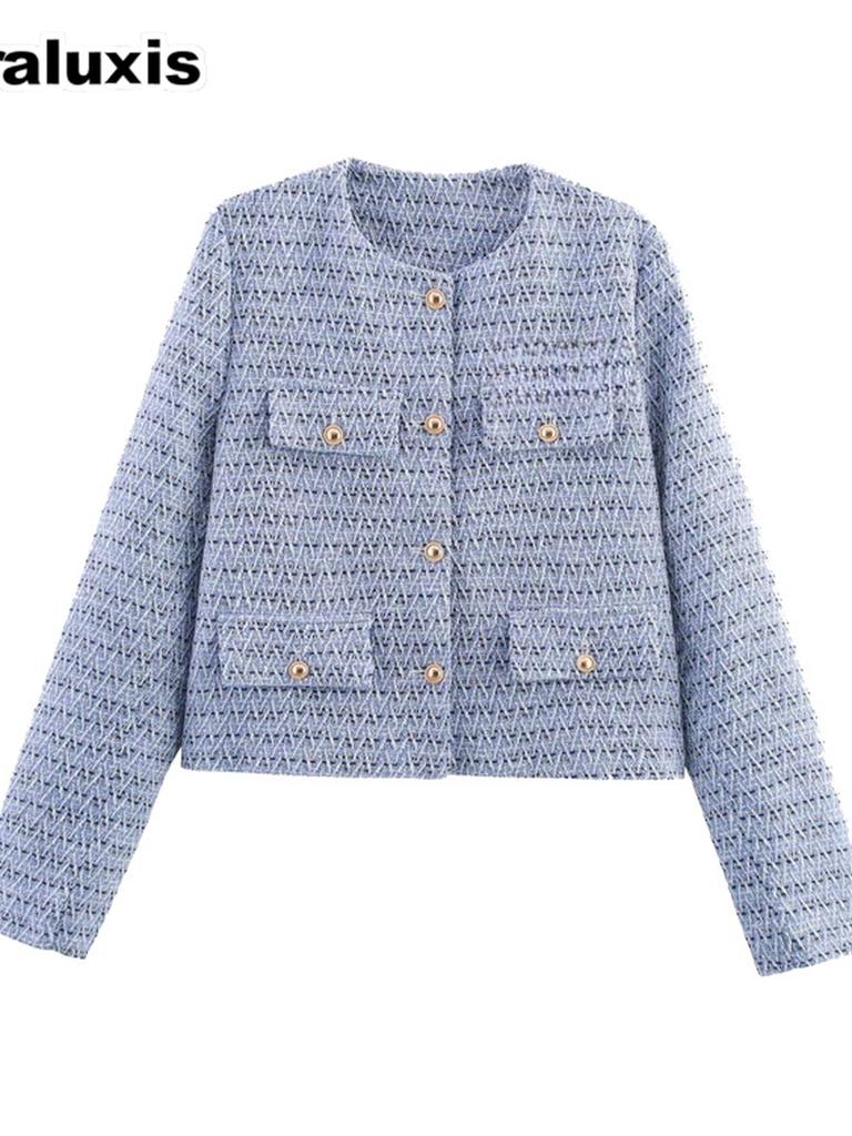 Women's New Fall Winter High-End Crew Neck Small Cardigan Style Short Jacket Fashion Versatile Oversized Check Blazer