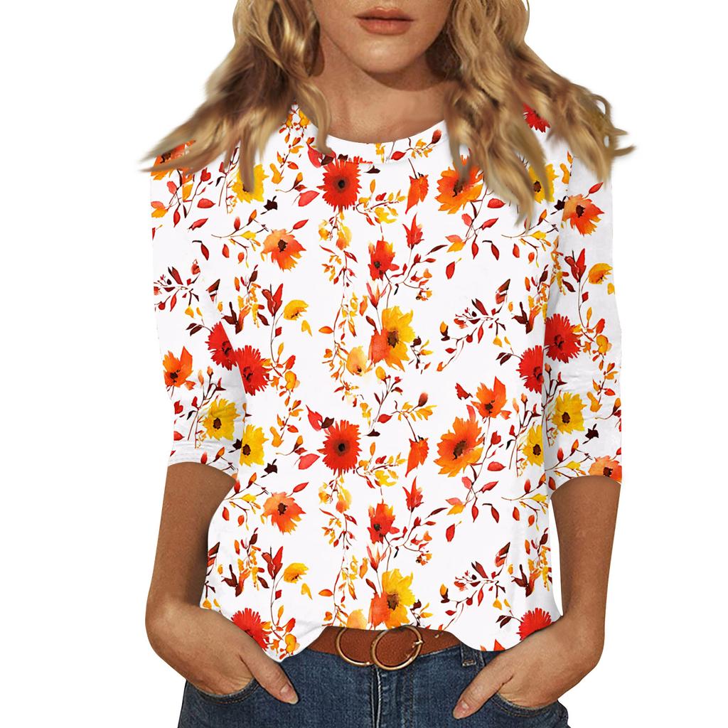 Women's Fashionable Casual Three Quarter Sleeve Printed Round Neck Top