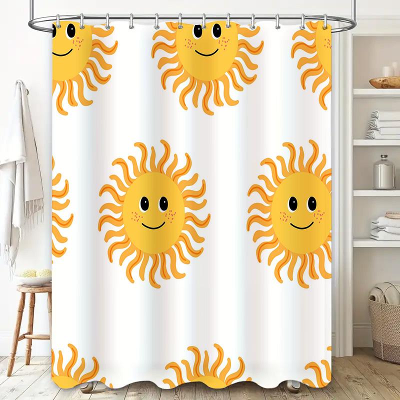 Bright Sunflower Shower Curtain White Bath Decor For Kids Room Waterproof Fabric Printed With Smiling Faces Perfect Gift For Mot