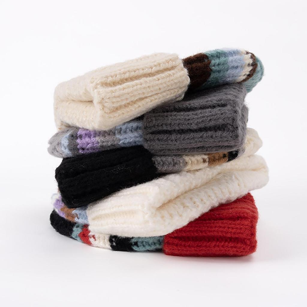 Fashion Color Blocked Knitted Wool Beanies for Women Stripe Ear Protection Skullcaps Autumn Winter Cold-proof Pullover H