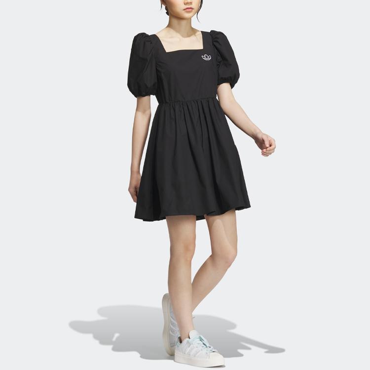 Adidas Originals X Monkey Kingdom Co-Branded Woven Dress with Lantern Short Sleeves and Sporting Square Neckline Women Dress Black IP1771